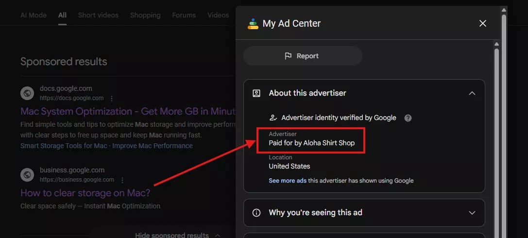 Another advertiser is Aloha Shirt Shop (Source - MacKeeper)